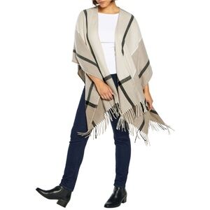 NWT THREE DOTS Cashmere Blend Wrap w/Fringe in Miranda Plaid Neutral